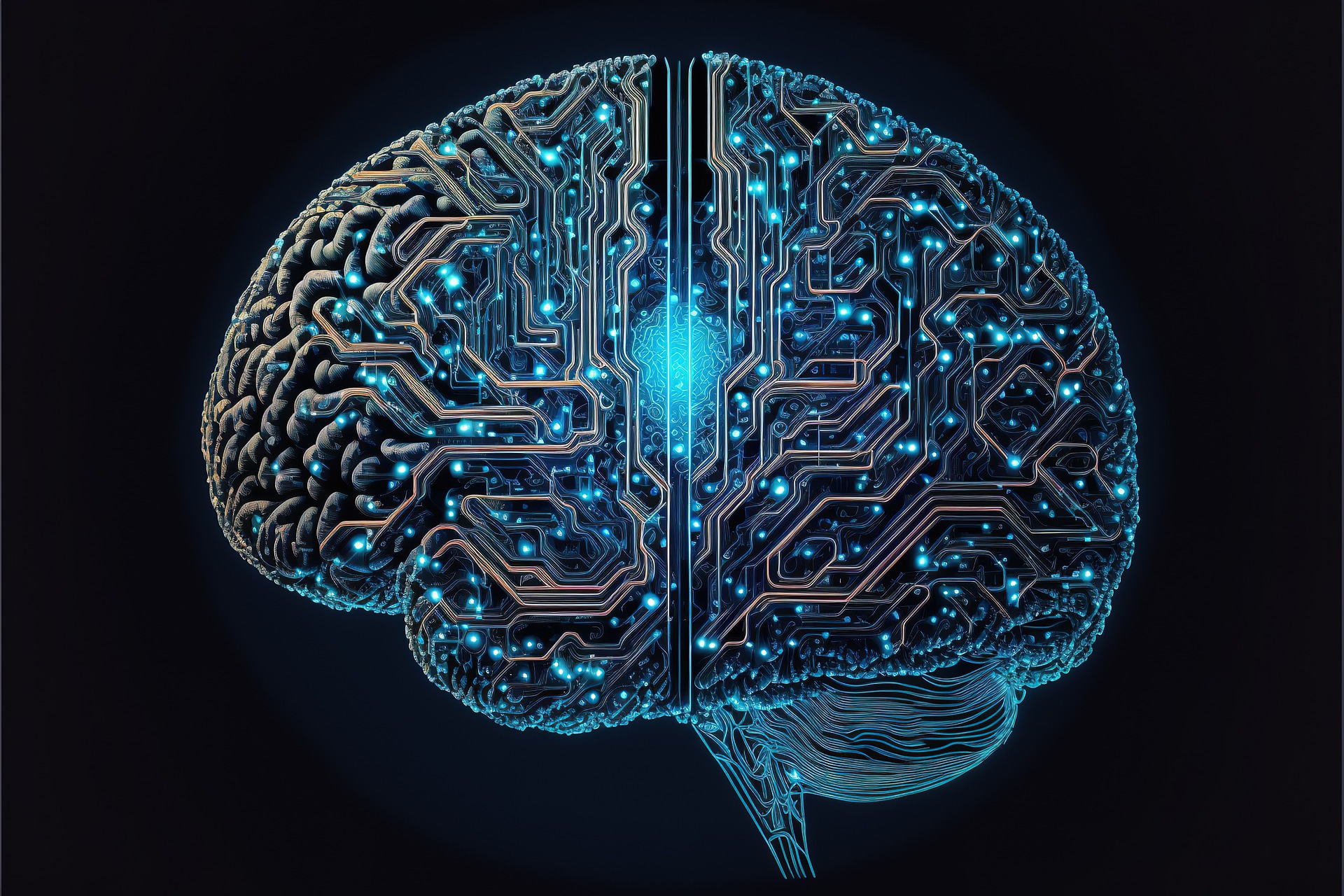 Ilustração de um cérebro humano estilizado com circuitos e luzes, simbolizando a integração com a tecnologia, representando o avanço e a complexidade da Inteligência Artificial.