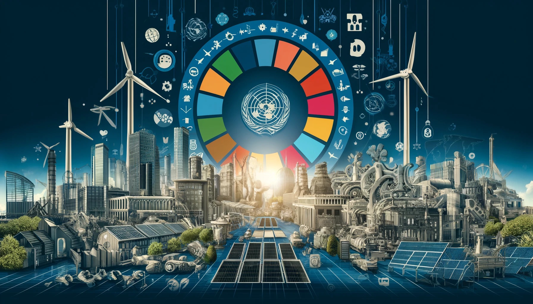 A imagem retrata elementos do desenvolvimento sustentável em Portugal. No centro, há um círculo colorido representando os Objetivos de Desenvolvimento Sustentável da ONU. Ao redor, há imagens e ícones visuais de indústria, inovação e infraestruturas, incluindo turbinas eólicas, painéis solares e edifícios modernos.