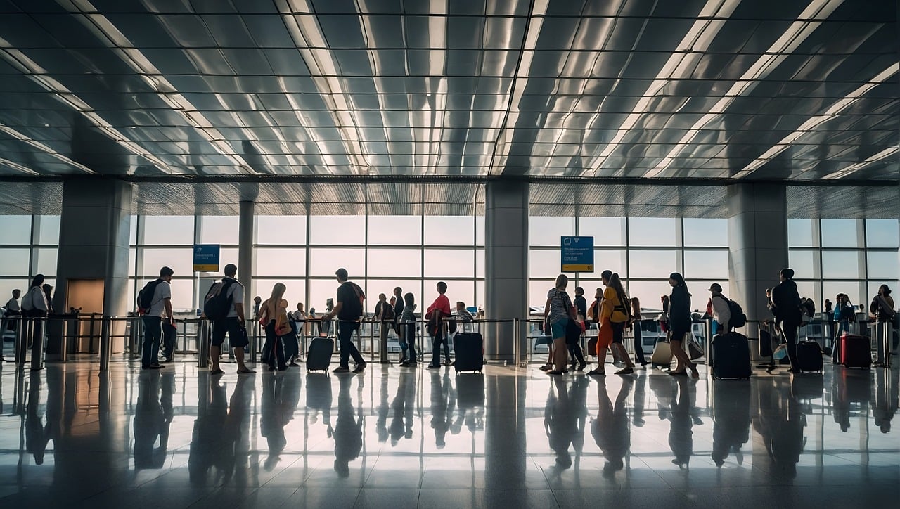 Passageiros em movimento num aeroporto.